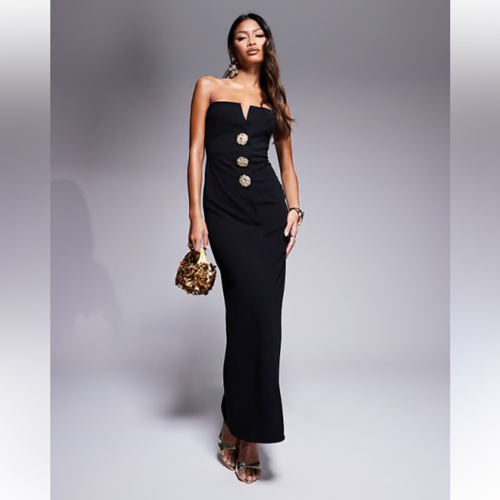 ASOS DESIGN Bandaux Black Midi Maxi Dress Sz 14 Gold Chunky Button Holiday New